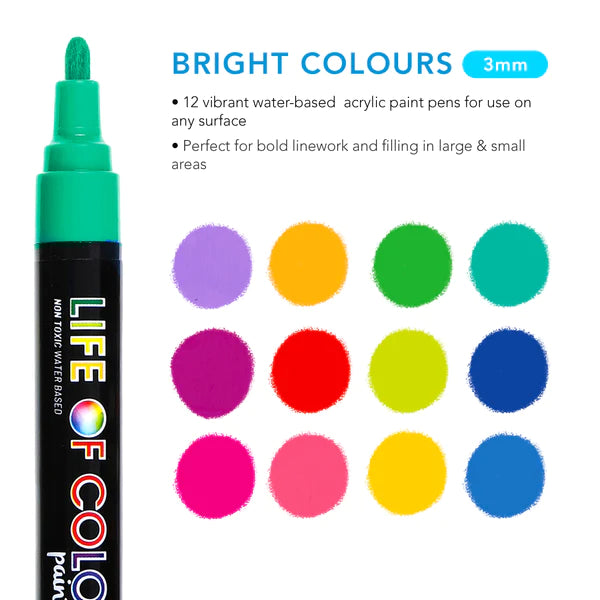 Bright Colors 3mm Medium Tip Acrylic Paint Pens - Set of 12