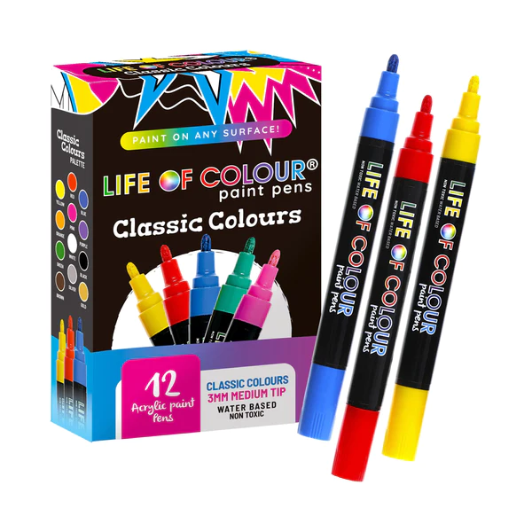 Classic Colors 3mm Medium Tip Acrylic Paint Pens – Set of 12