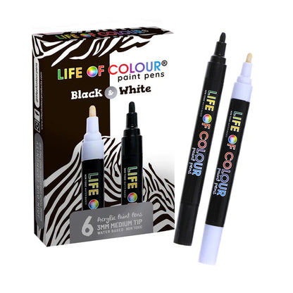 Black and White 3mm Medium Tip Acryclic Paint Pens - Set of 6