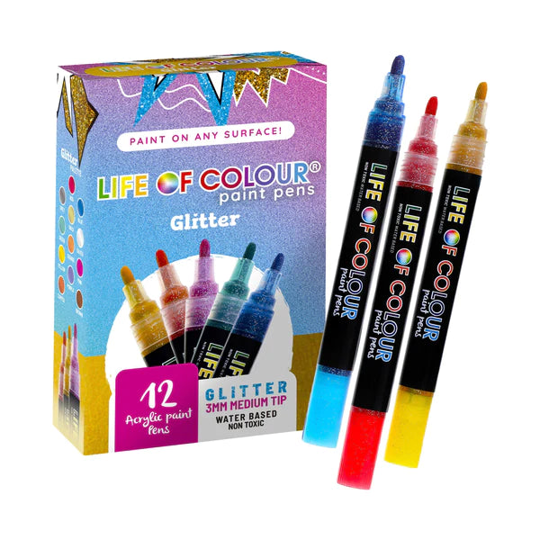 Glitter 3mm Medium Tip Acrylic Paint Pens - Set of 12