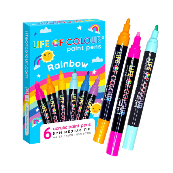 Rainbow Colors 3mm Medium Tip Acrylic Paint Pens - Set of 6