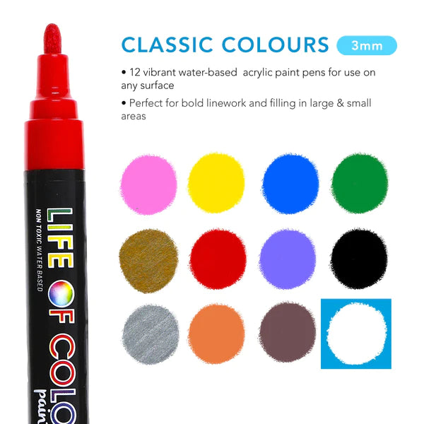 Classic Colors 3mm Medium Tip Acrylic Paint Pens - Set of 12