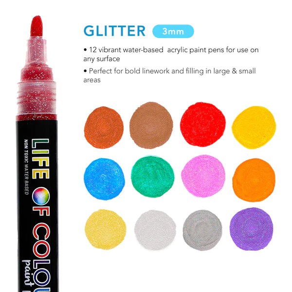 Glitter 3mm Medium Tip Acrylic Paint Pens - Set of 12